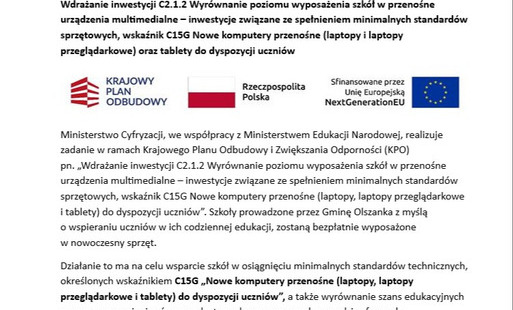 Wdrażanie inwestycji C2.1.2 Wyrównanie poziomu wyposażenia szkół w przenośne urządzenia multimedialne 