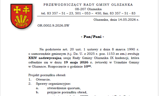 Zdjęcie do Zawiadomienie o sesji nadzwyczajnej Rady Gminy Olszanka