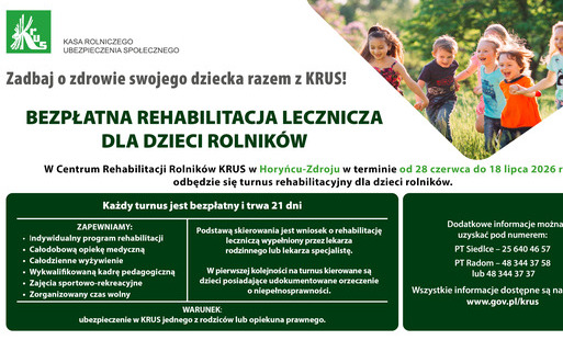 WOLNE MIEJSCA NA BEZPŁATNY TURNUS REHABILITACYJNE DLA DZIECI ROLNIKÓW