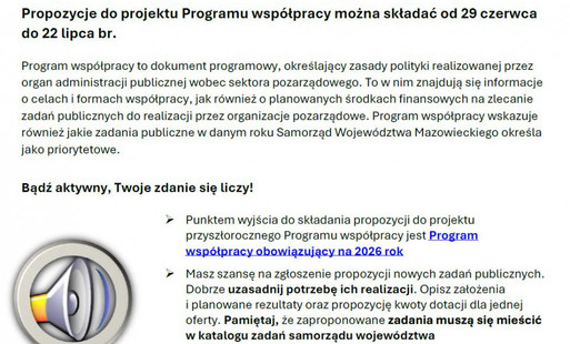 Zaproszenie do współtworzenia Rocznego programu współpracy Województwa Mazowieckiego z organizacjami pozarządowymi na 2027 rok