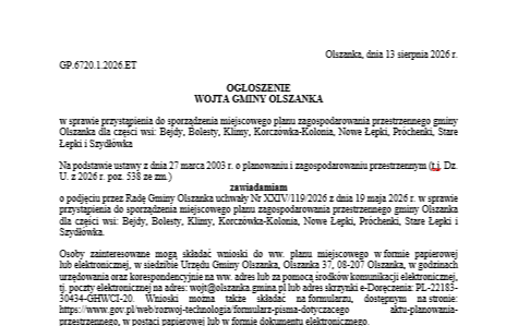  OGŁOSZENIE WÓJTA GMINY OLSZANKA